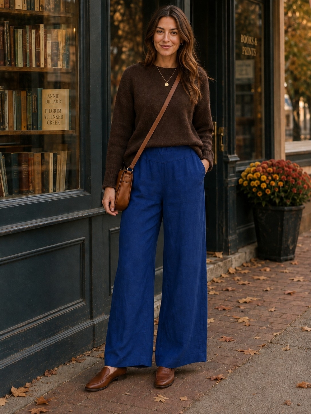 Chico's 2R Blue 100% Linen Wide Leg Pull On Pants Coastal